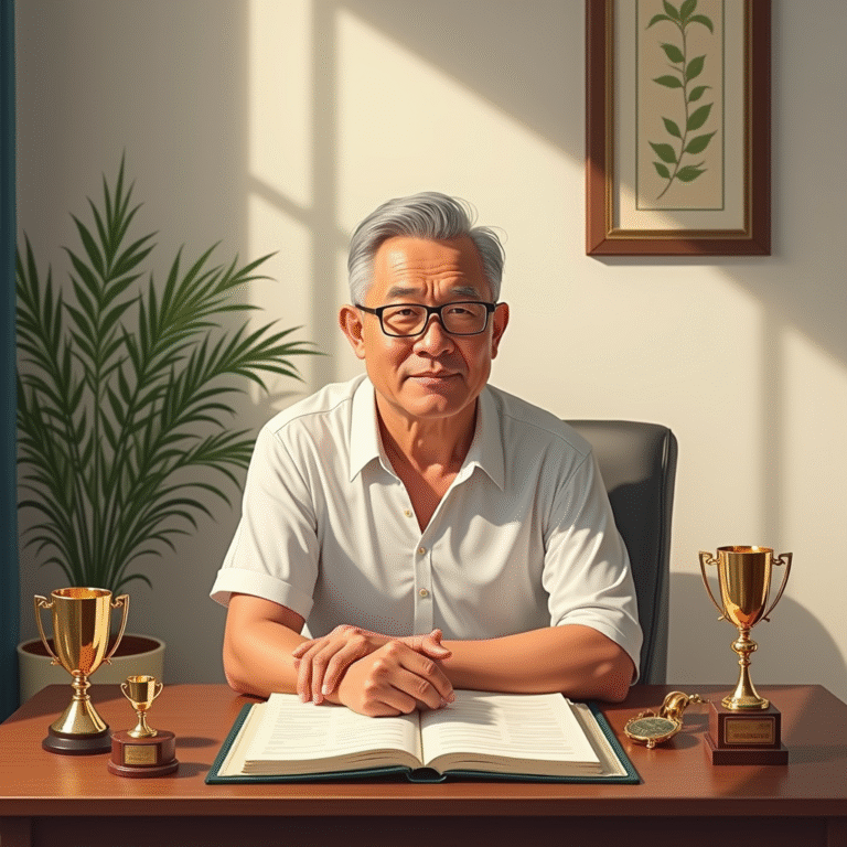 Confident senior Asian man sits at desk with open book, trophies, and pocket watch. | Cpflah.sg