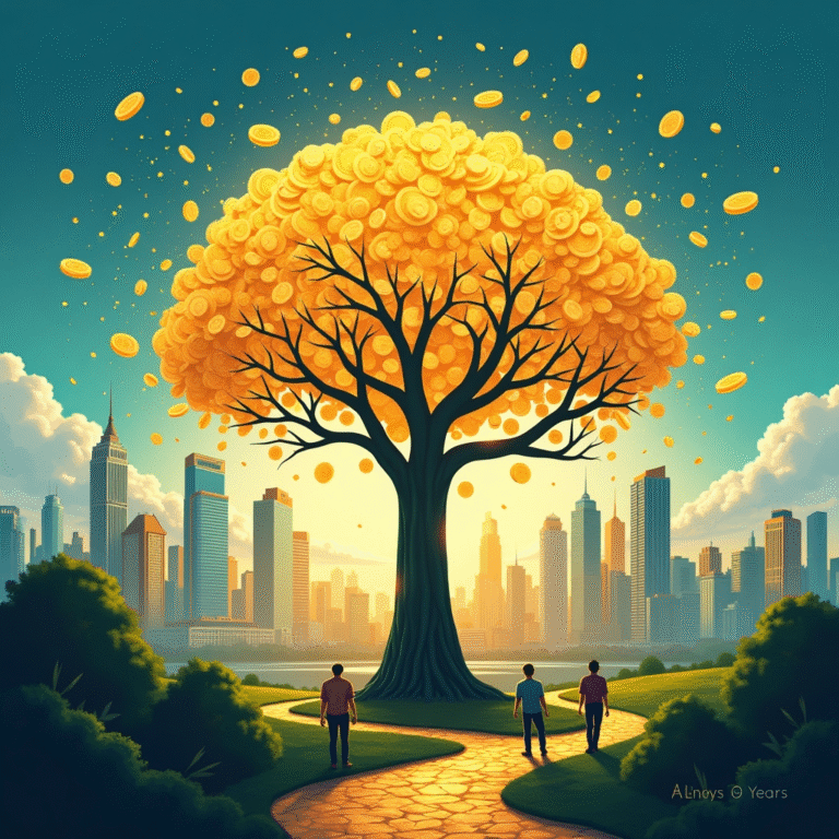 Three men walk toward a money tree in a city park. Golden coins fall from the tree's branches. | Cpflah.sg