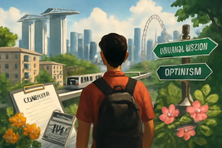 Person with backpack facing Singapore skyline, choosing between "Optimism" and "Unusual Vision" signposts. | Cpflah.sg