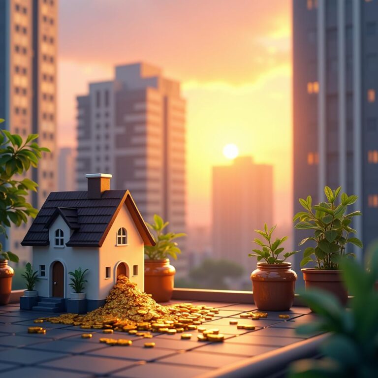 Miniature house with gold coins spilling out, city skyline backdrop. | Cpflah.sg