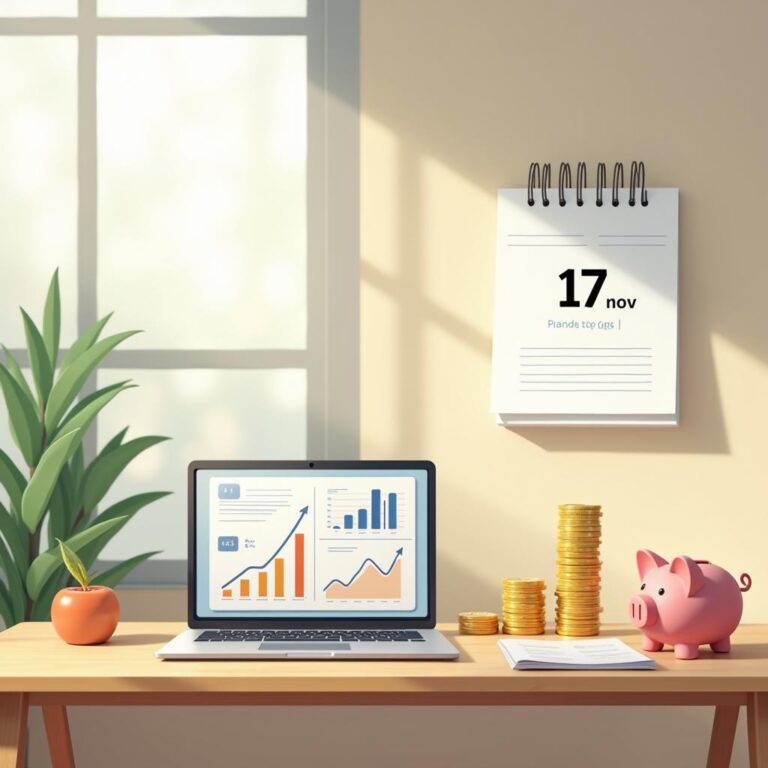 Desk with laptop showing financial charts, coins, piggy bank, and calendar marked Nov 17. | Cpflah.sg