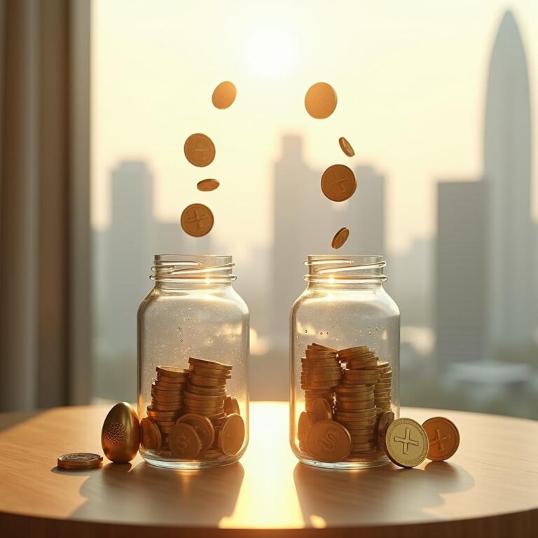 Coins falling into jars, symbolizing savings and investment against a city skyline backdrop. | Cpflah.sg